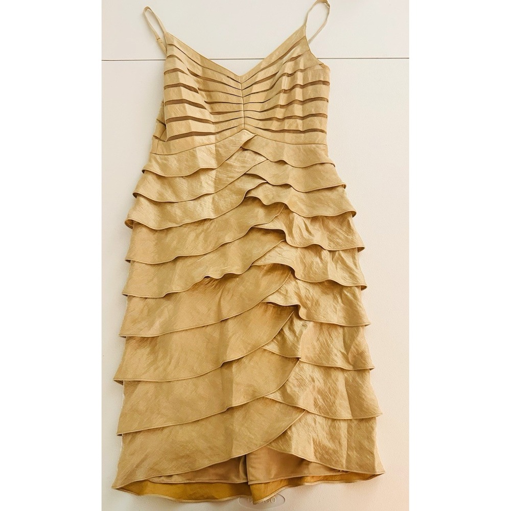 Adrianna Papell Gold Cocktail V-Neck Spaghetti Strap Mesh Ruffle Dress 8